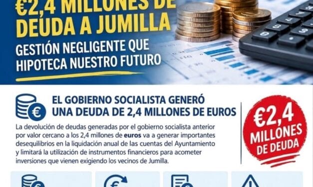 La presidenta del Partido Popular de Jumilla, Seve González denuncia que “la herencia socialista”  de Juana Guardiola, dejó a las  arcas municipales con 2,4 millones de euros de deuda